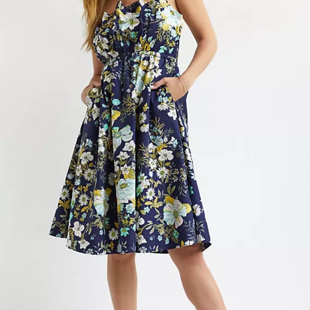 Anthropologie Blue and White Strapless Ruffled Midi Dress SP